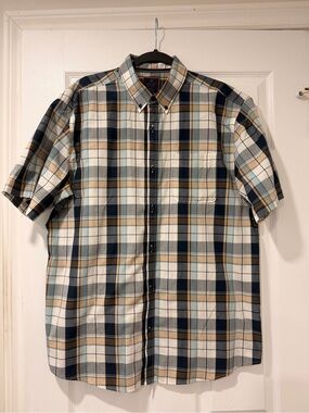 Denver Hayes Short-Sleeve Plaid Button-Down Shirt - Navy, Beige & Gray